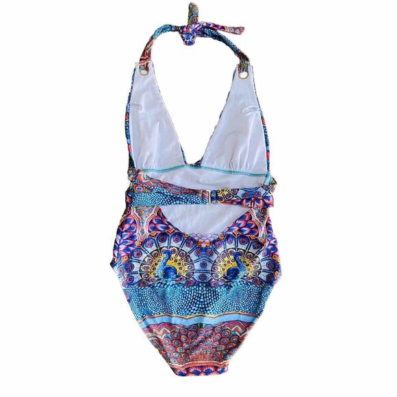 True Colours size M One Piece Swim Suit Halter Multicolor Peacock Print Sparkles - Picture 5 of 9